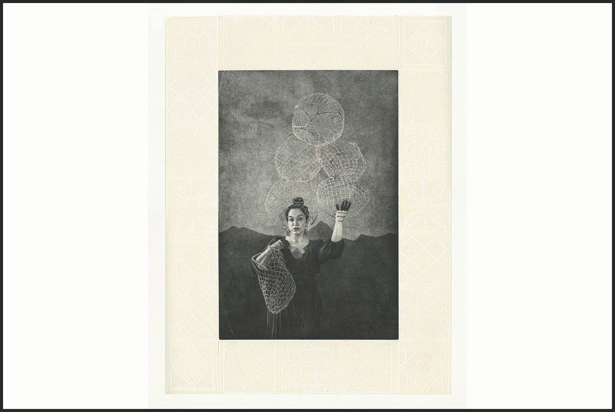 Sama Alshaibi, The Harvest, from the project Carry Over, 2019, photogravure blind embossing with transparent ink relief rolled on Stonehenge White 100% rag paper, Edition of 8, 25 x 20 inches.    